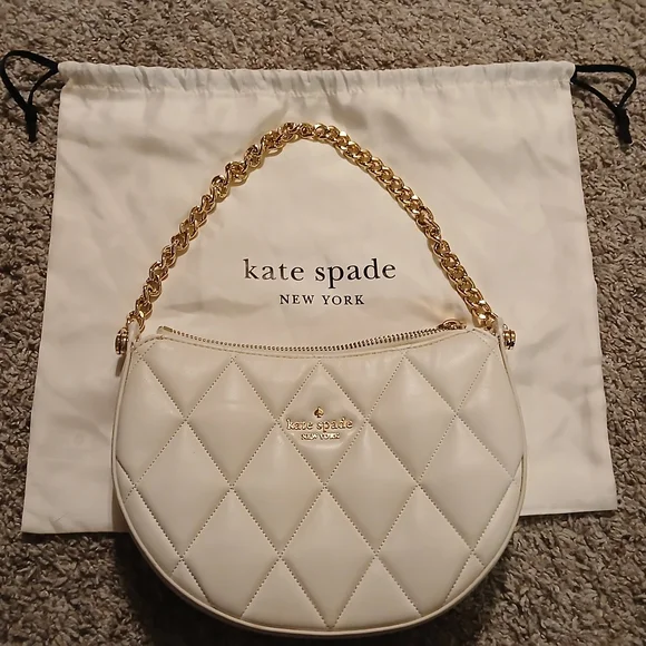Kate Spade Carey Zip Top Crossbody Quilted Leather Crescent Bag Cream Gold Chain - Picture 10 of 10